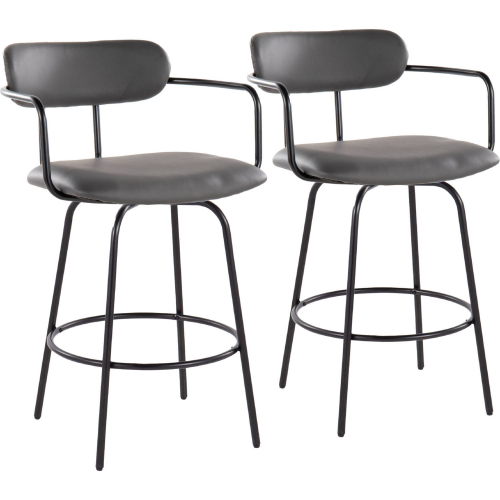 Demi 26" Swivel Counter Stool in Black Metal & Grey Leatherette with Black Footrest (Set of 2)